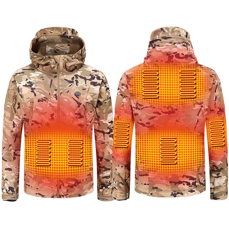 Graphene Heated Hunting Jacket for Men Women, 3 Temperature Levels 7 Heating Zones, Battery Powered Heated Waterproof Windproof Warm Camo Coat Softshell Jacket with Hood