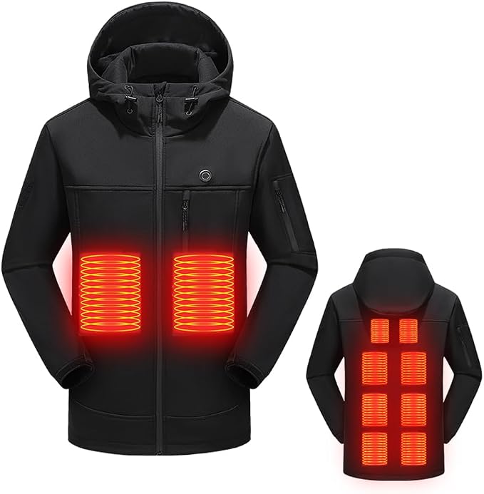 Softshell Hooded Heated Jacket for Men Women 10 Heated Areas 3 Gear Temperature USB Electric Warming Long Sleeve Windproof Coat For Extreme Cold Weather