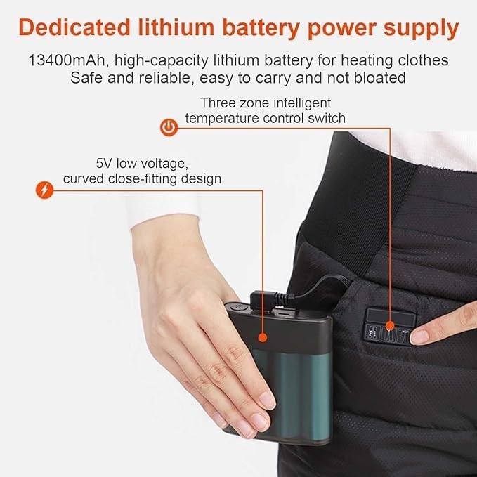 Unisex Battery Powered Heated Pants, Electric USB 3 Temperature Control, 5V/2A, 8 Heating Zones Elastic Fleece Thickening Warming Trousers for Women Men