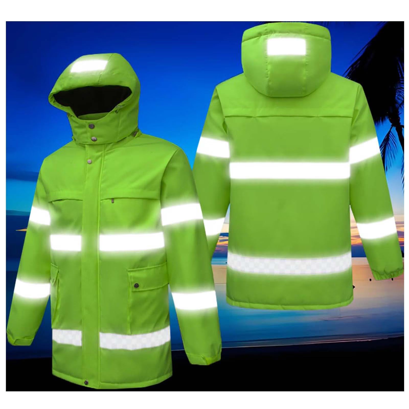 Hi Vis Heated Hooded Jacket for Men Women, 8 Heating Zones 3 Temperature Levels High Visibility Heated Workwear Waterproof Windproof Reflective Outerwear Safety Security Work Coat
