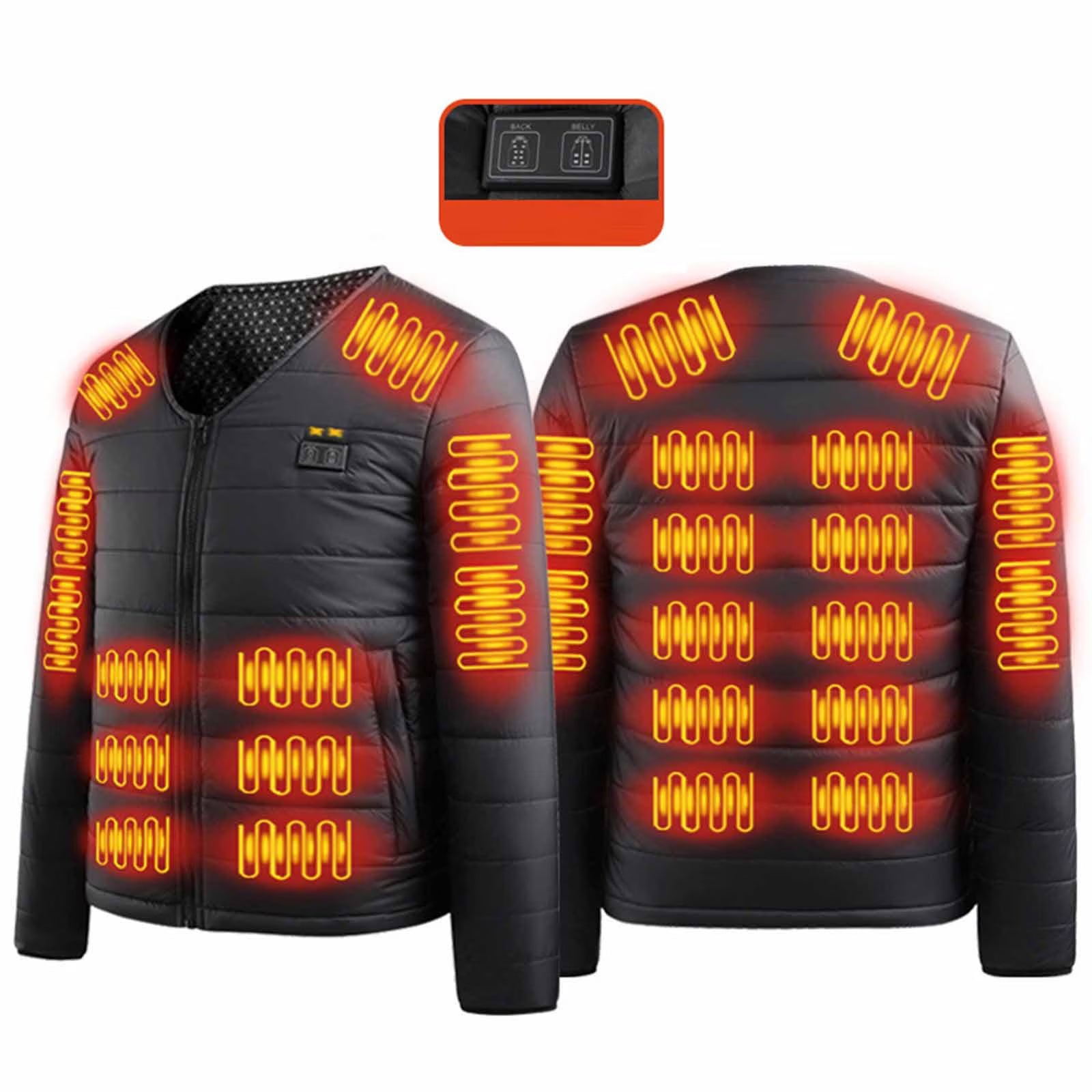 Unisex Cotton Heated Jacket, 24-Zone Dual Control USB Charging Long Sleeve V-Neck Zipper Closure Winter Coat Functional Thermal Parka for Men Women