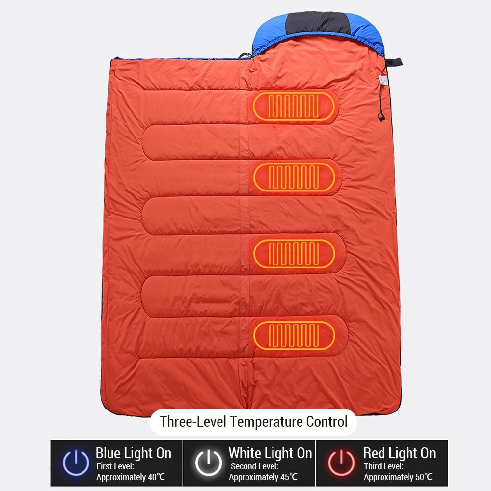 Portable Electric Heated Sleeping Bag with Flexible Collar, Thermal 3 Level Temperature Adjustable Envelope Sleeping Bags for Camping Hiking