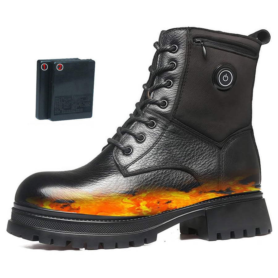 Black Leather Heated Boots for Women Men With 2*5000mAh Rechargeable Batteries, Five-Level Heating Models, Operated Electric Heating Foot Warmer