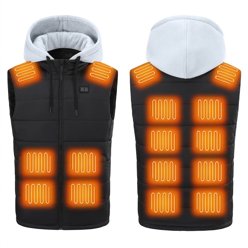 Electric Heated Hooded Gilet for Men, Dual DC/USB Port 3 Adjustable Temperature 14 Heating Zones Winter Warm Heating Vest with Detachable Hood