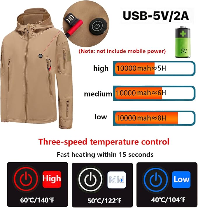 Heated Hooded Jacket for Men Women, Zip Up Lightweight Fleece Lined Heated Blouse, 7 Heating Areas USB Rechargeable Heated Soft Shell Coat for Winter and Outdoor Skiing Fishing Hiking