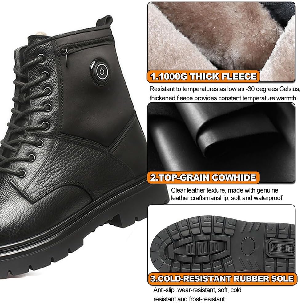Black Leather Heated Boots for Women Men With 2*5000mAh Rechargeable Batteries, Five-Level Heating Models, Operated Electric Heating Foot Warmer