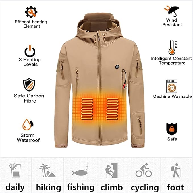 Heated Hooded Jacket for Men Women, Zip Up Lightweight Fleece Lined Heated Blouse, 7 Heating Areas USB Rechargeable Heated Soft Shell Coat for Winter and Outdoor Skiing Fishing Hiking