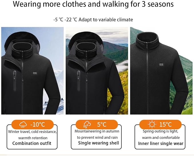 3-in-1 Heated Windbreaker for Men Women 15 Heating Zones 3 Levels of Temperature Adjustment USB Electric Windproof Thermal Jackets for Outdoor Skiing Hiking Camping
