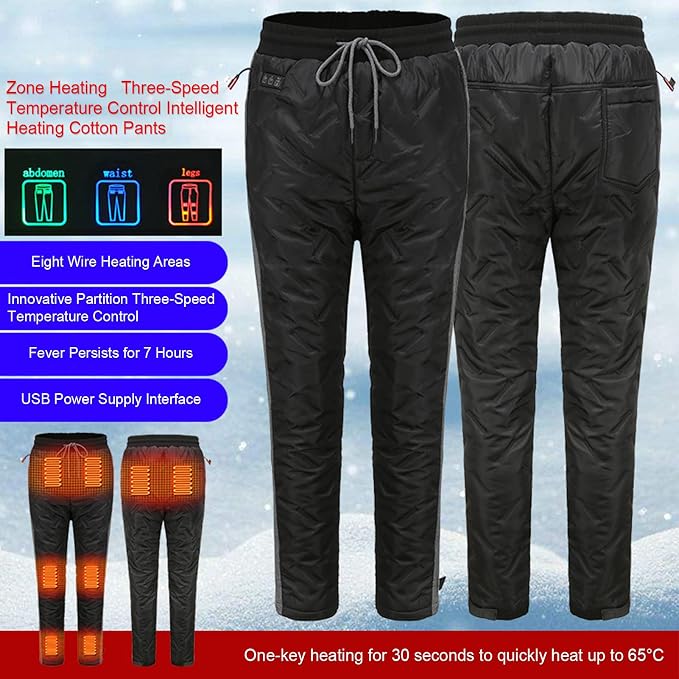 Unisex Battery Powered Heated Pants, Electric USB 3 Temperature Control, 5V/2A, 8 Heating Zones Elastic Fleece Thickening Warming Trousers for Women Men