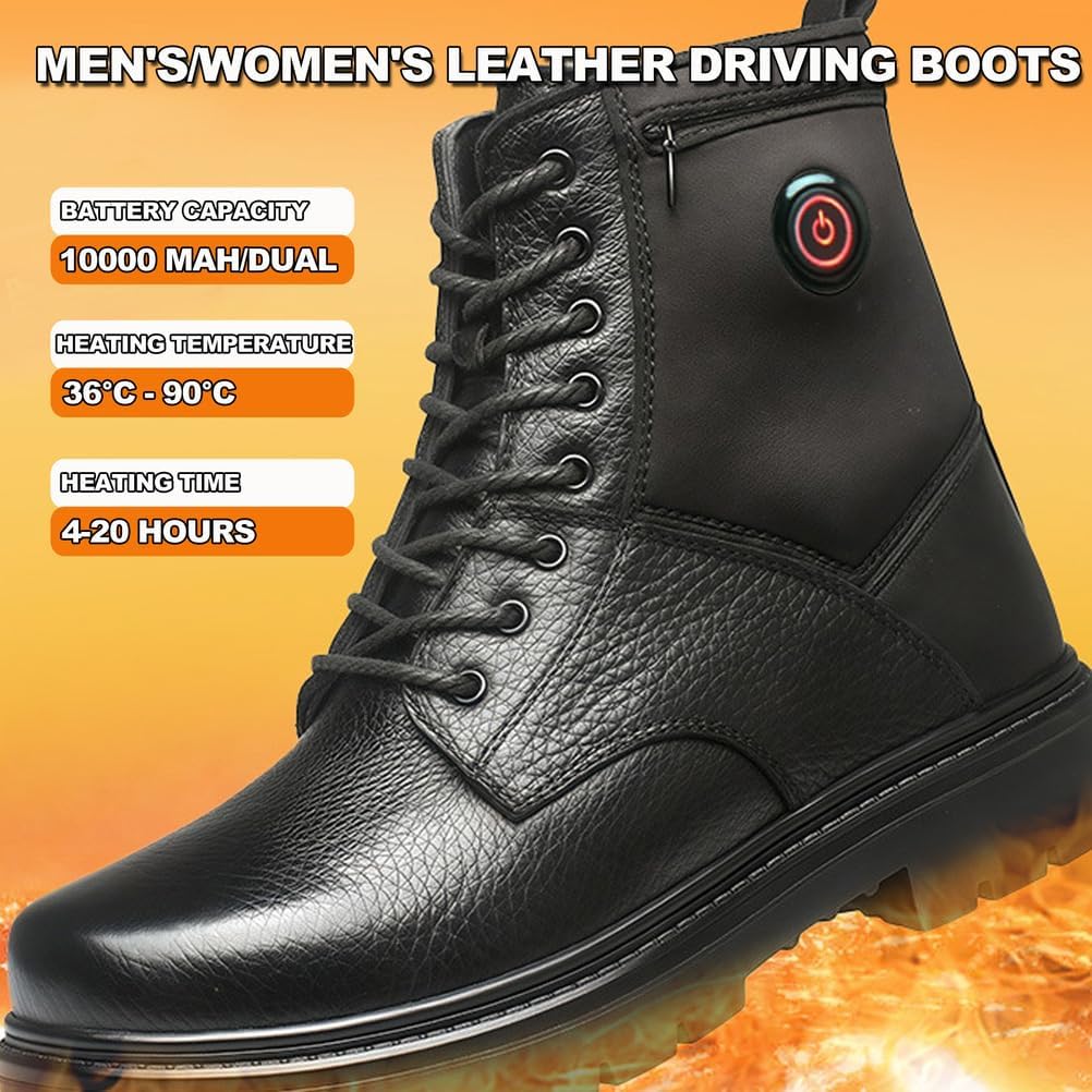 Black Leather Heated Boots for Women Men With 2*5000mAh Rechargeable Batteries, Five-Level Heating Models, Operated Electric Heating Foot Warmer