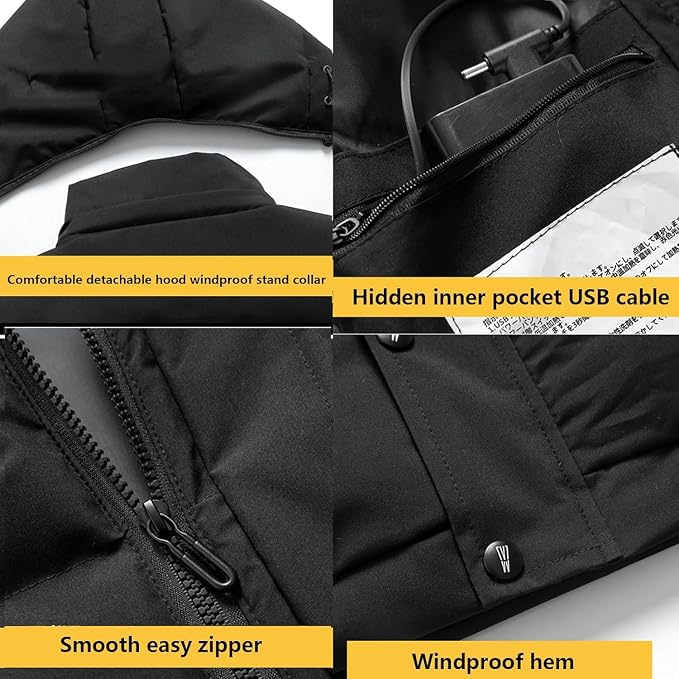 Unisex Heated Hooded Vest for Men Women, 3 Heating Levels 15 Heating Zones Temperature Display Zipper Closure USB Charging Fleece Lined Winter Thermal Waistcoat for Outdoor