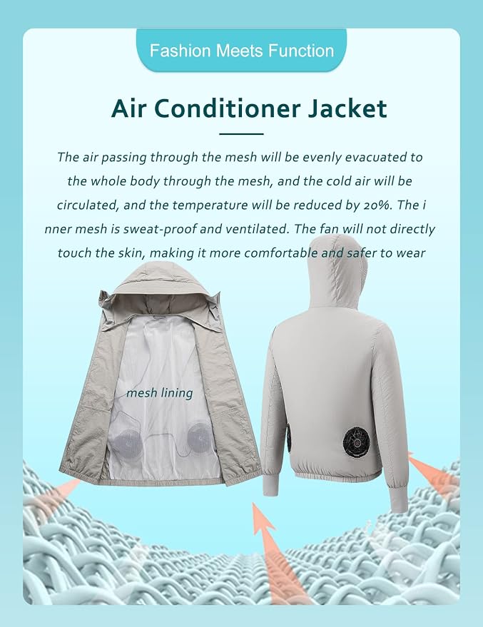 Sun Protective Cooling Fan Jacket for Men Women, UPF 50+ Air Conditioned Lightweight Hoodie, UV Protection USB Cool Jacket for Summer Hot Weather Work, Outdoor Activities
