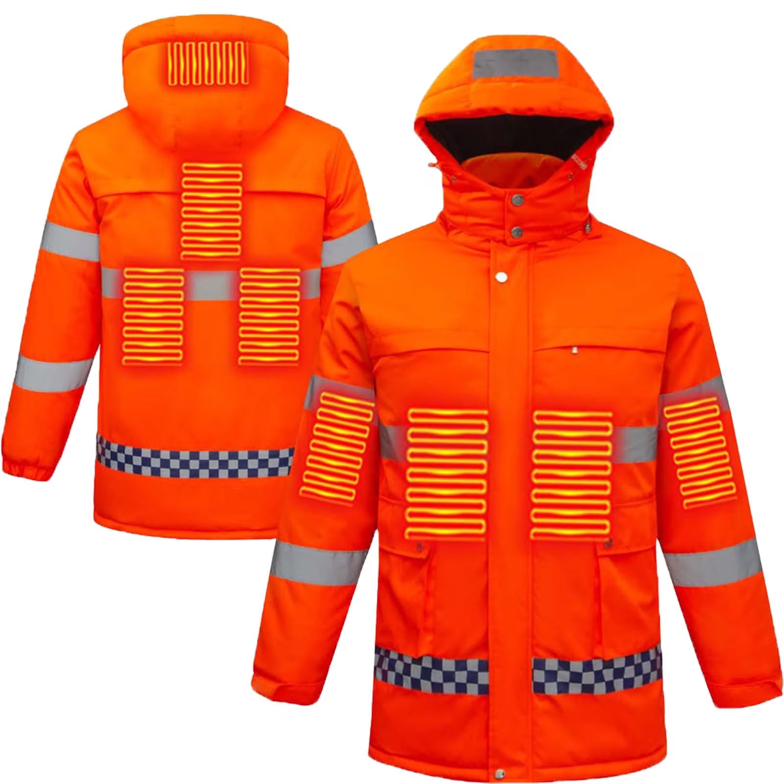 Hi Vis Heated Hooded Jacket for Men Women, 8 Heating Zones 3 Temperature Levels High Visibility Heated Workwear Waterproof Windproof Reflective Outerwear Safety Security Work Coat