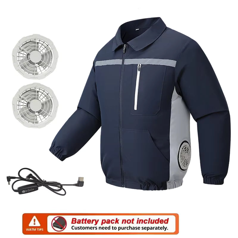 Unisex Safety High-Visibility Air-Conditioned Jacket Stand Collar Long Sleeve with 2 Fans