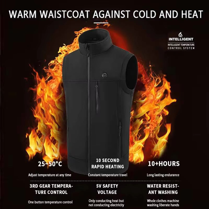 Men's Plain Heated Quilted Vest, 9 Heating Zones Sleeveless Zip Stand-Up Collar Winter Gilet Warm Electric Heat Waistcoat for Running, Hiking, Riding, Golf