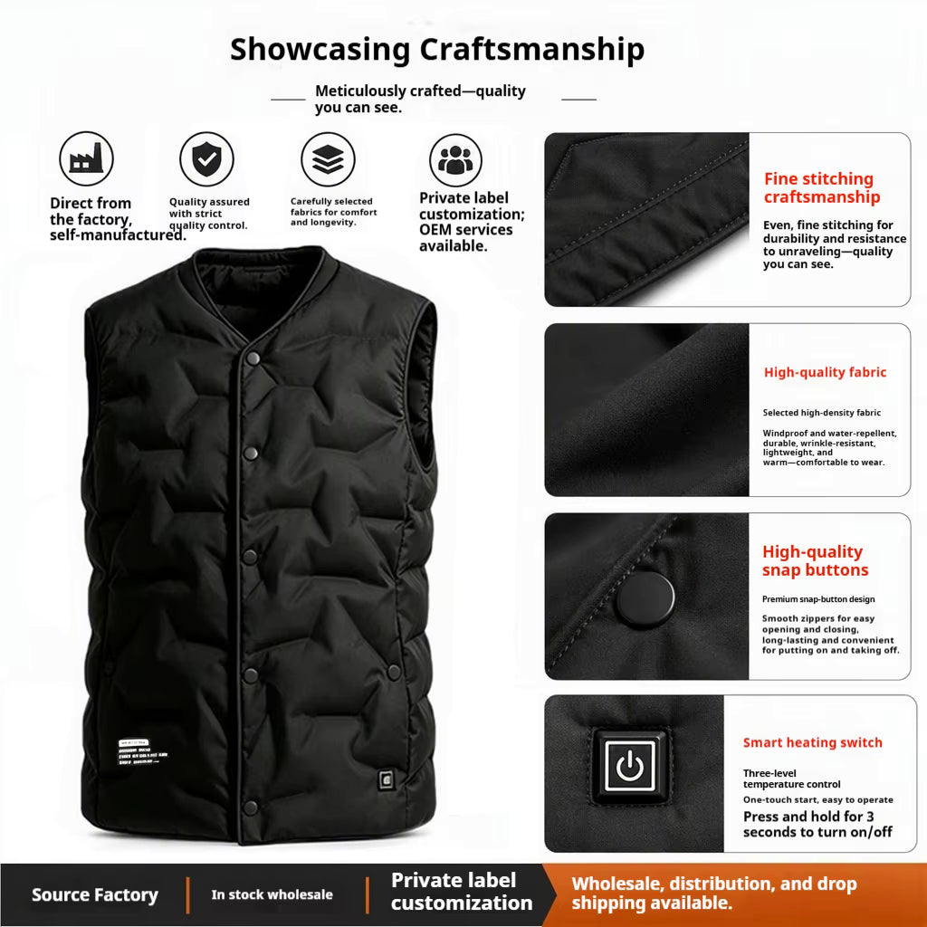 Lightweight V-Neck Quilted Electric Heated Vest for Women Men, USB Charging 3 Gear Temp Control 5 Heating Zones Snap Button Warming Gilet - Firoth