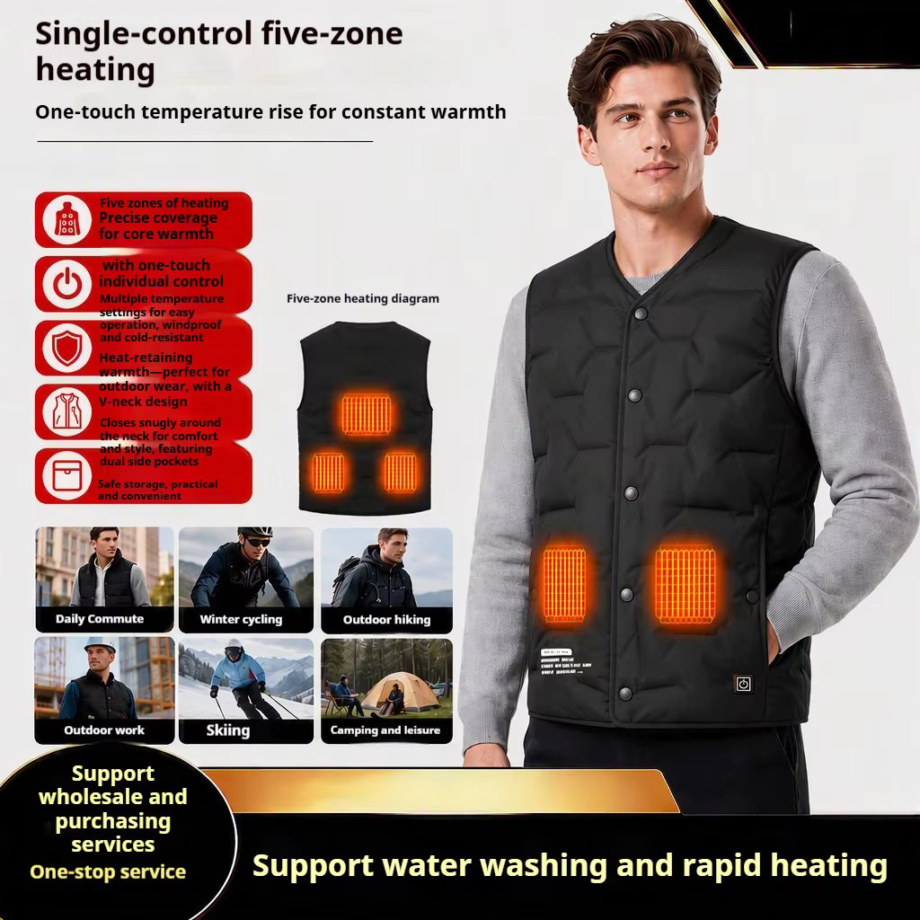 Lightweight V-Neck Quilted Electric Heated Vest for Women Men, USB Charging 3 Gear Temp Control 5 Heating Zones Snap Button Warming Gilet - Firoth