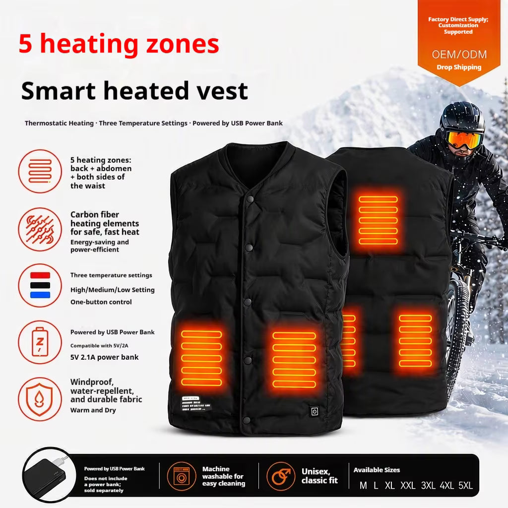 Lightweight V-Neck Quilted Electric Heated Vest for Women Men, USB Charging 3 Gear Temp Control 5 Heating Zones Snap Button Warming Gilet - Firoth
