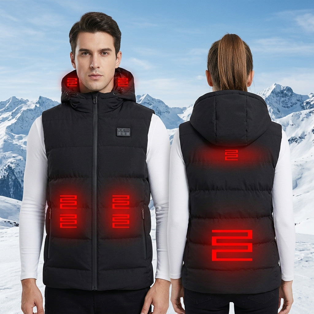 Electric Heated Hooded Vest for Women Men, 6 Heating Zones 3 Heat Levels Windproof USB Electric Heated Vest with Hood for Winter Outdoor