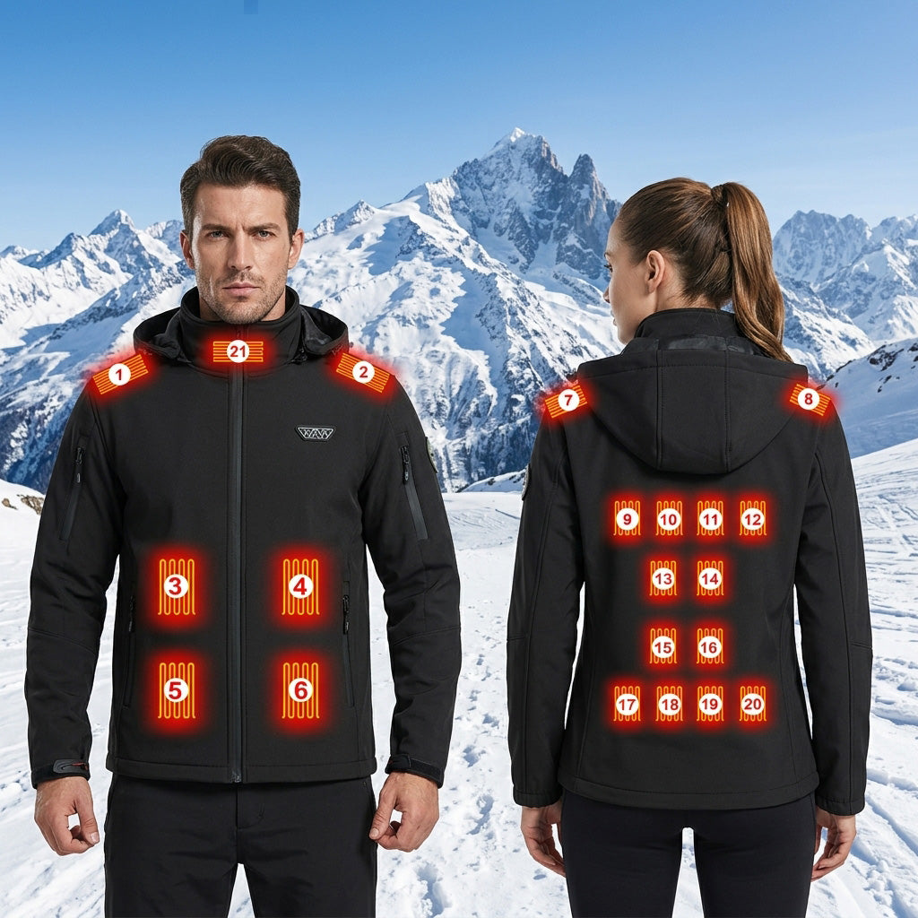 Windproof and Waterproof Fleece Heated Hoodie Jacket for Men Women with 21 Heating Areas 4 Zones Control USB Electric Rechargeable Heated Winter Coats for Skiing Hiking Camping