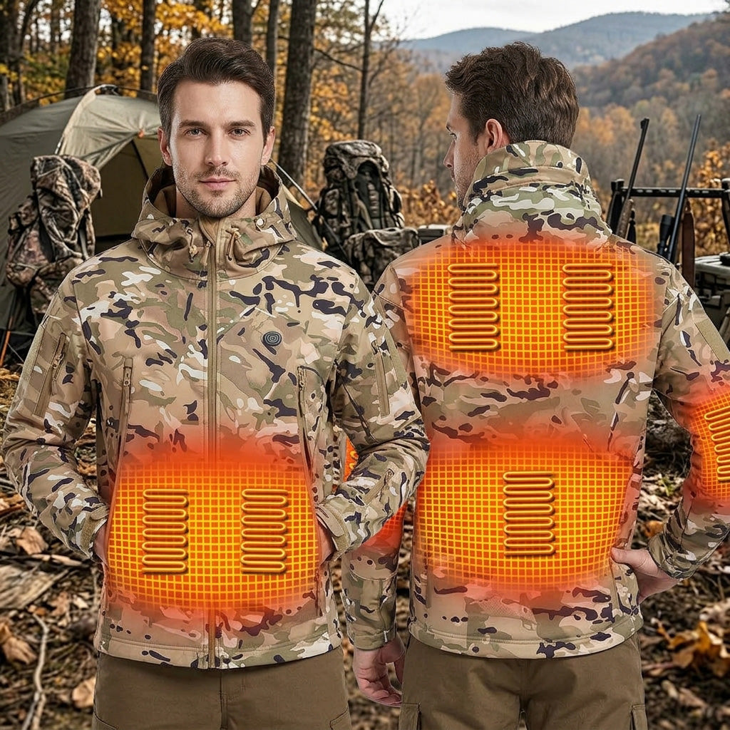 Graphene Heated Hunting Jacket for Men Women, 3 Temperature Levels 7 Heating Zones, Battery Powered Heated Waterproof Windproof Warm Camo Coat Softshell Jacket with Hood