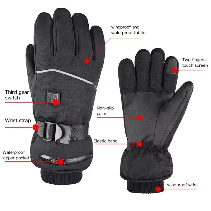 7.4V 2*3000mAh Electric Rechargeable Heated Ski Gloves for Women Men 3 Heating Levels Touchscreen Thermal Gloves for Hiking Riding Motorcycling